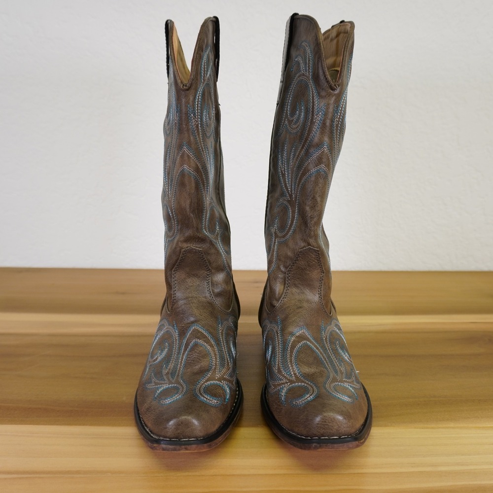 Roper Western Boots Women 10 Brown Turquoise Embroidered Snip Toe Cowboy - Picture 3 of 8